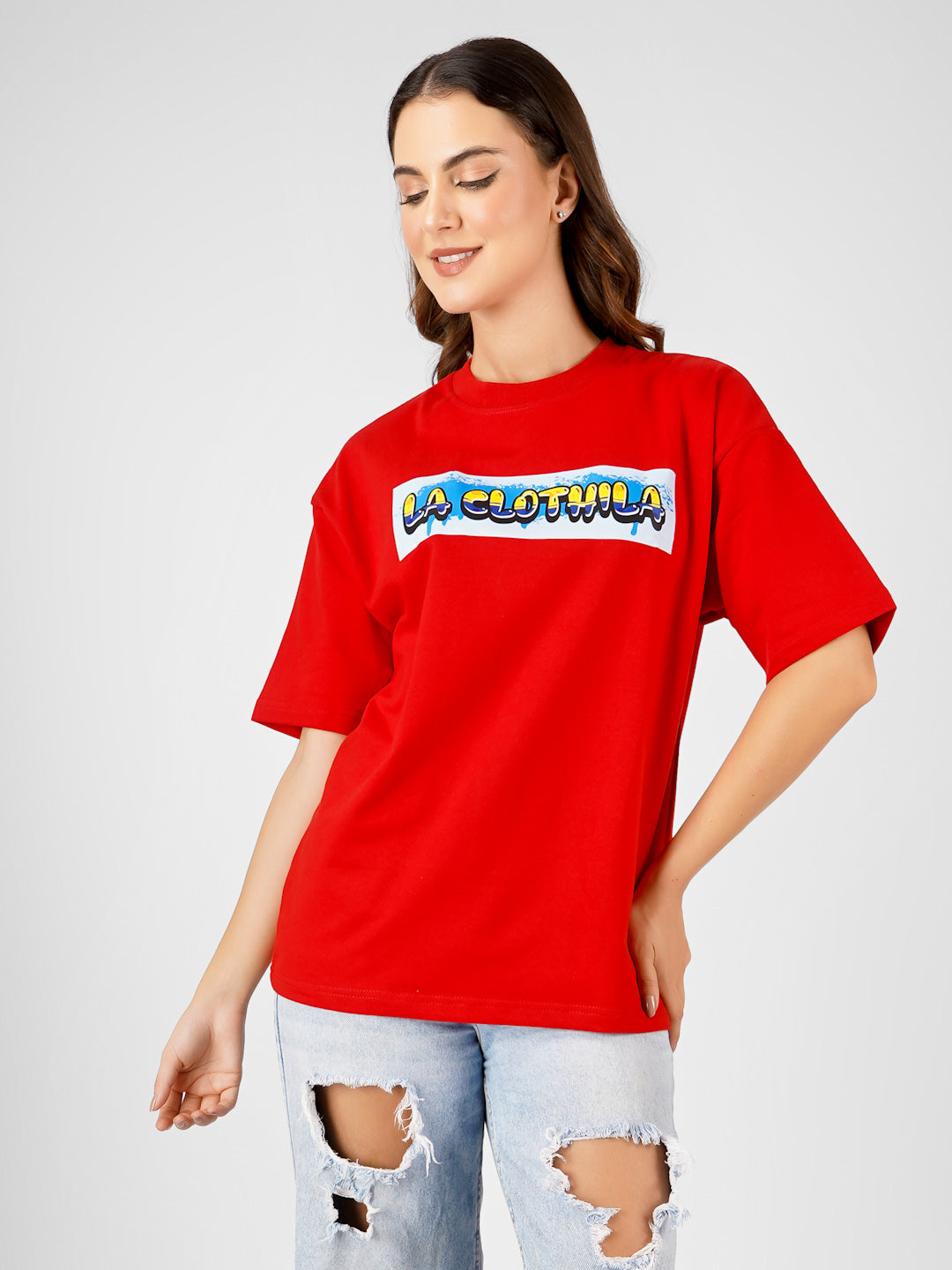 Red Oversized Tee For Women