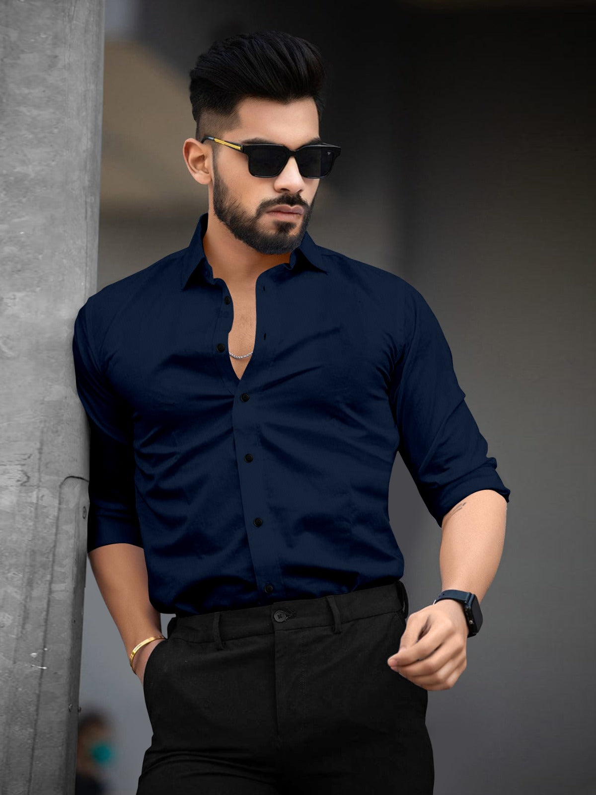 Navy Blue Plain Cotton Shirt