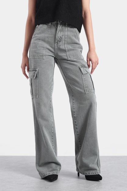 Grey Cargo Flap Pocket Jeans For Women