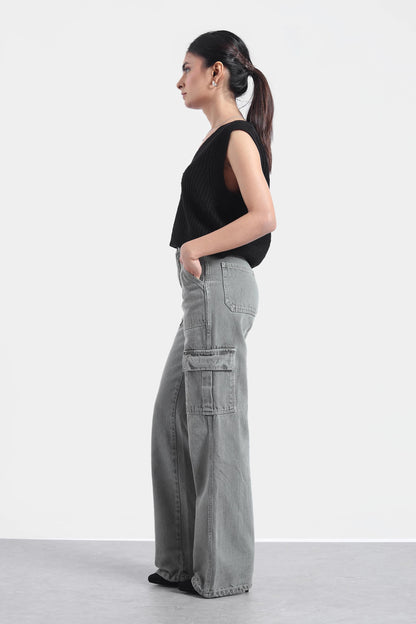 Grey Cargo Flap Pocket Jeans For Women