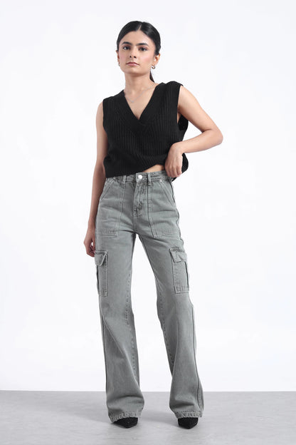 Grey Cargo Flap Pocket Jeans For Women