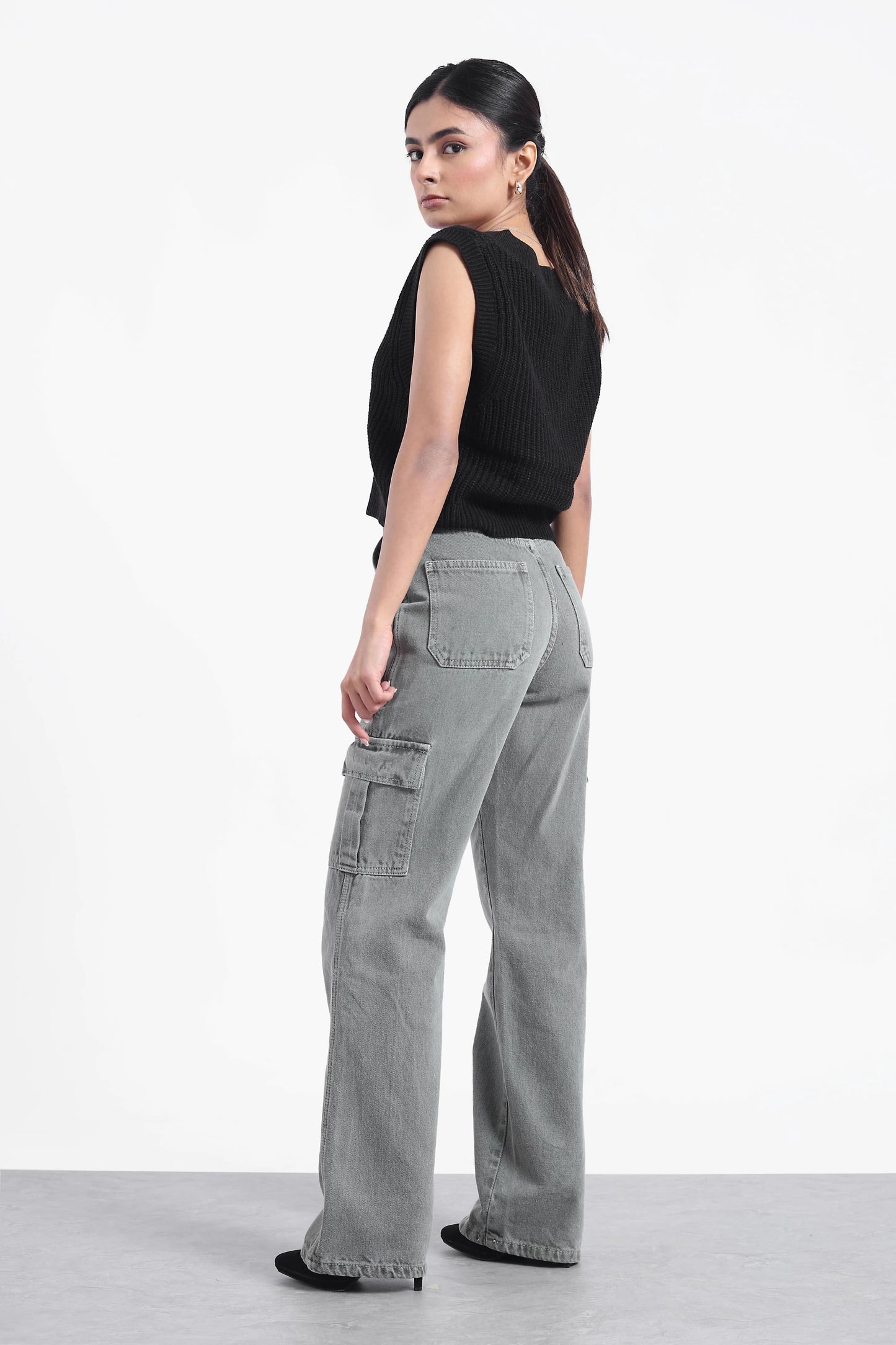 Grey Cargo Flap Pocket Jeans For Women