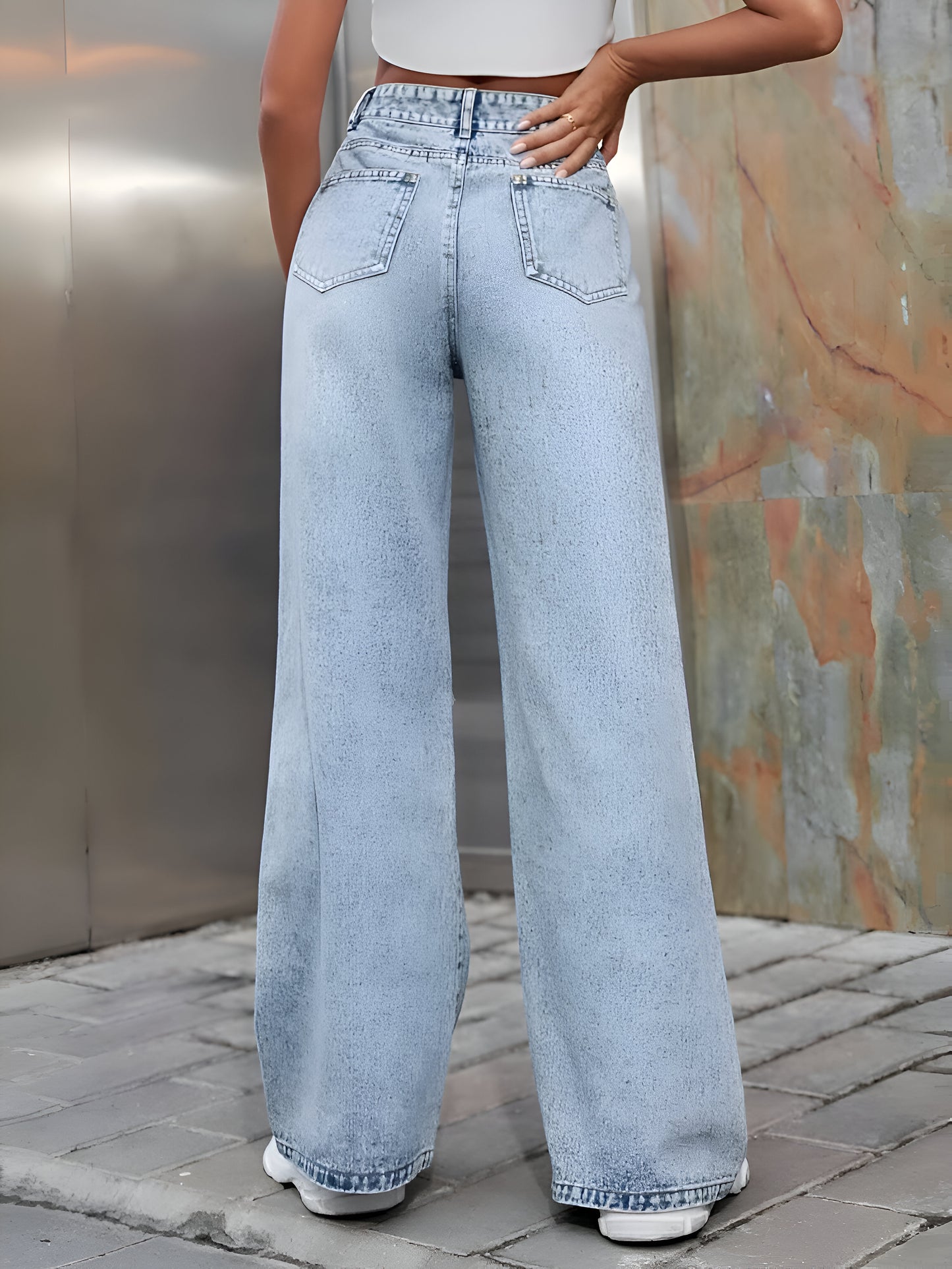 Ice Blue Denim Wide Leg Ripped Jeans For Women