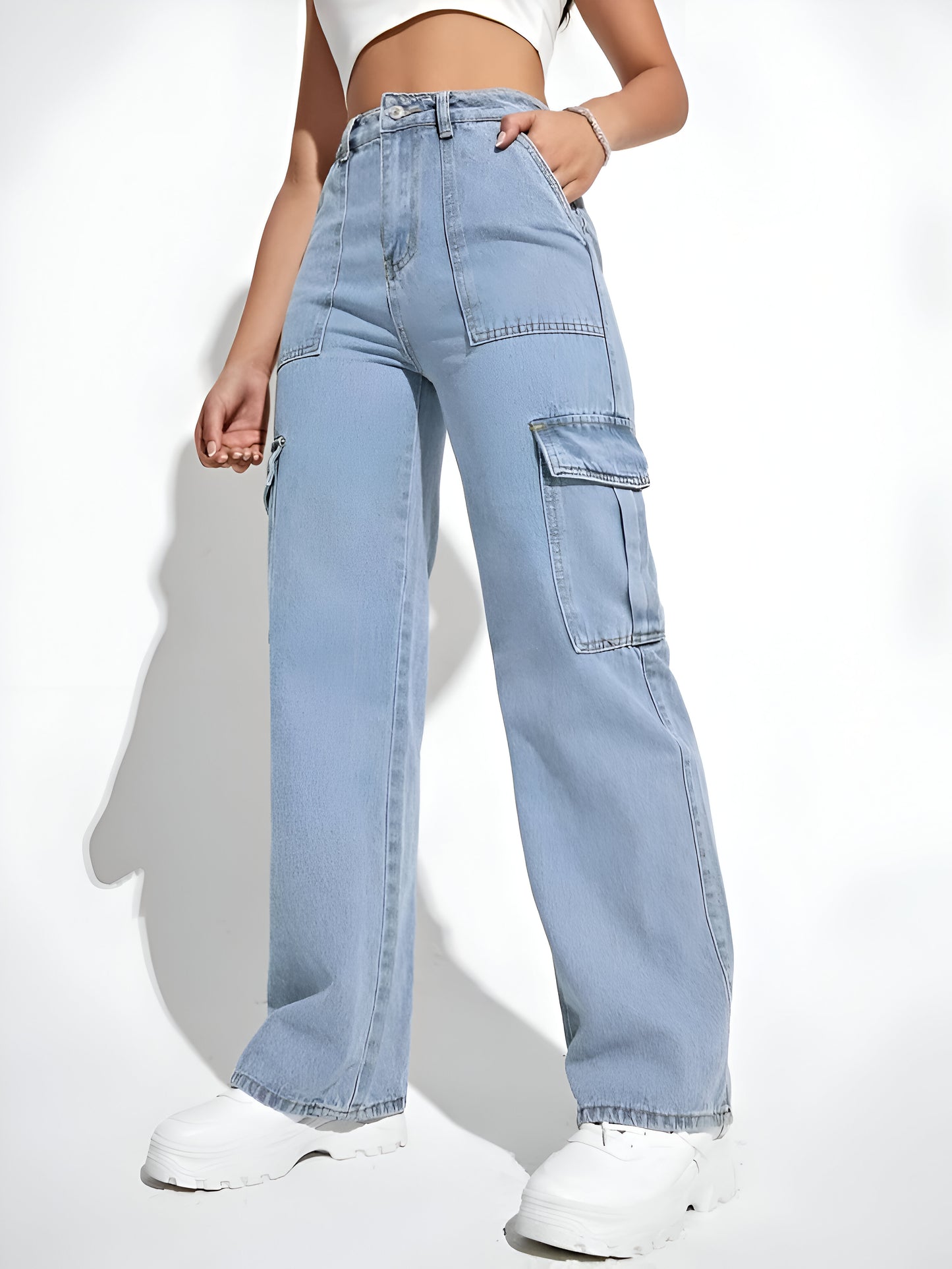 Ice Blue Cargo Flap Pocket Jeans For Women