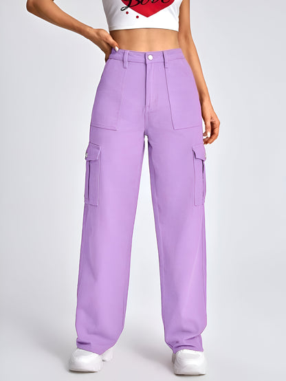 Purple Cargo Flap Pocket Jeans For Women