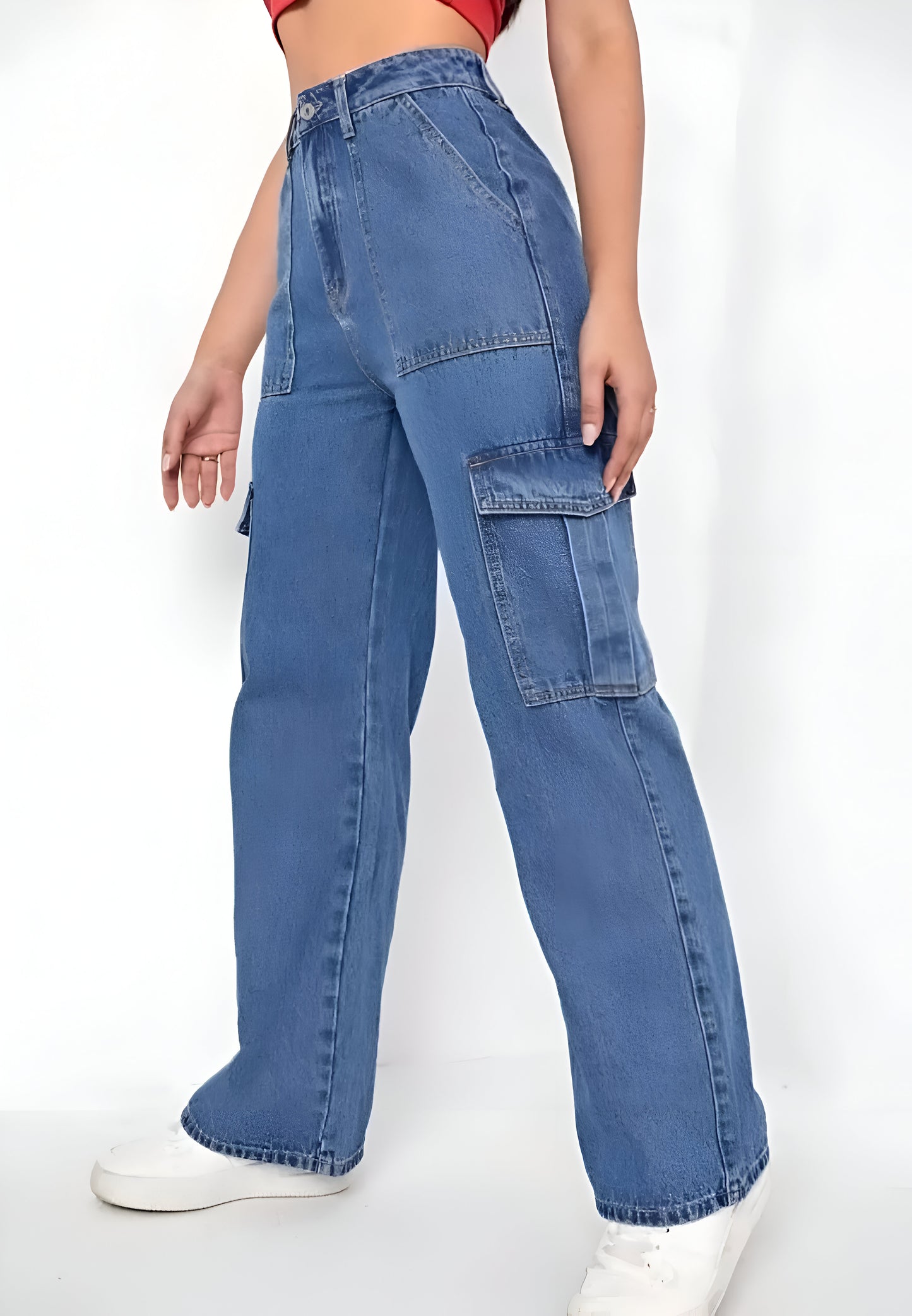 Blue Cargo Flap Pocket Jeans For Women