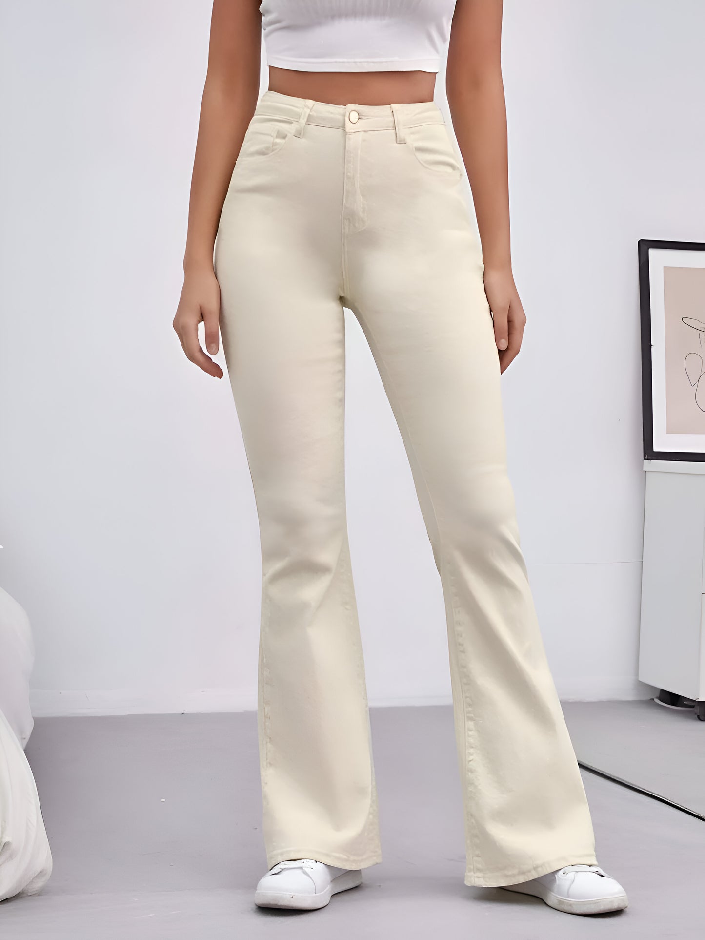 Bell Bottom Comfort Bootcut Cream Jeans For Women