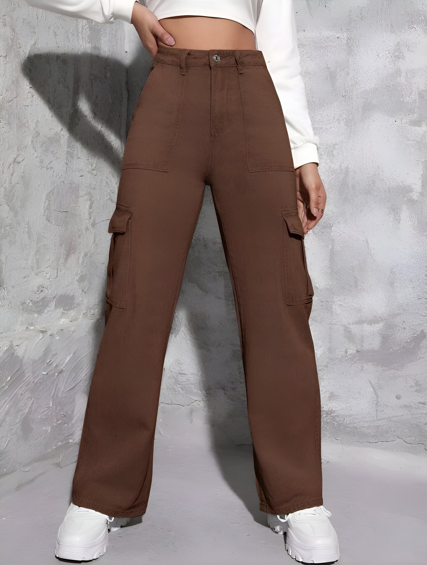 Brown Cargo Flap Pocket Jeans For Women