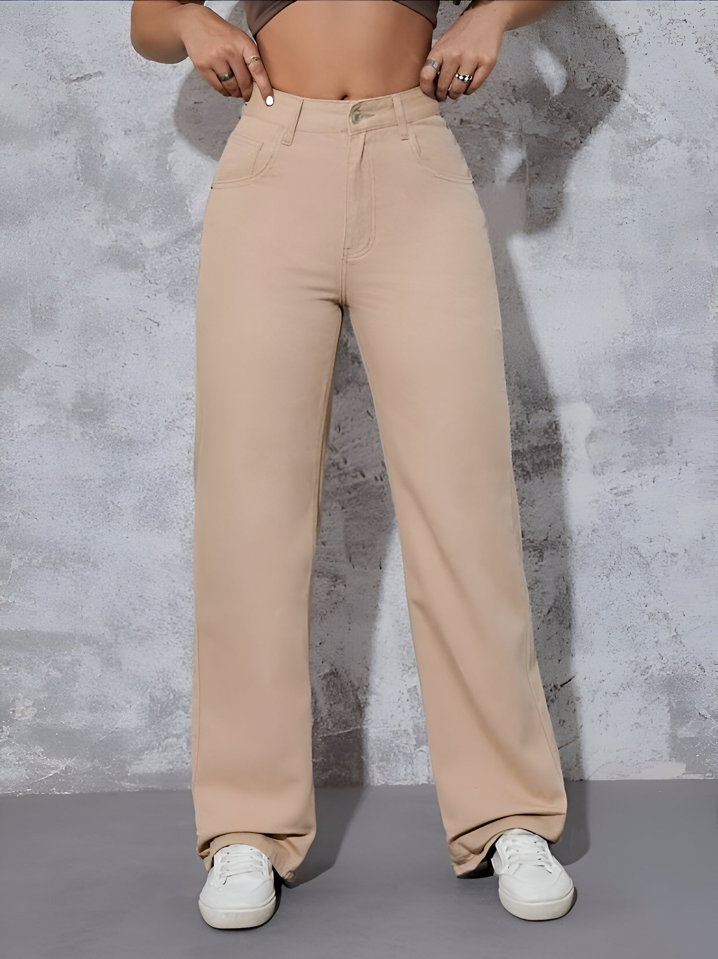 Cream Wide Leg Jeans Pant For Women