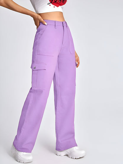 Purple Cargo Flap Pocket Jeans For Women