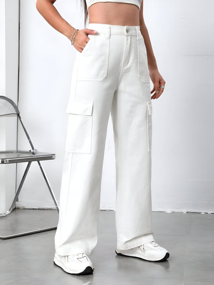 White Cargo Flap Pocket Jeans For Women