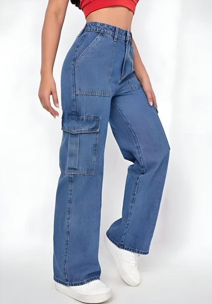 Blue Cargo Flap Pocket Jeans For Women