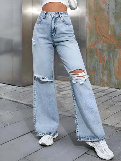 Ice Blue Denim Wide Leg Ripped Jeans For Women