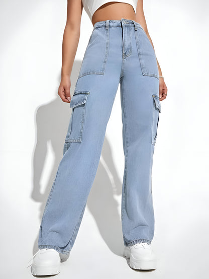 Ice Blue Cargo Flap Pocket Jeans For Women