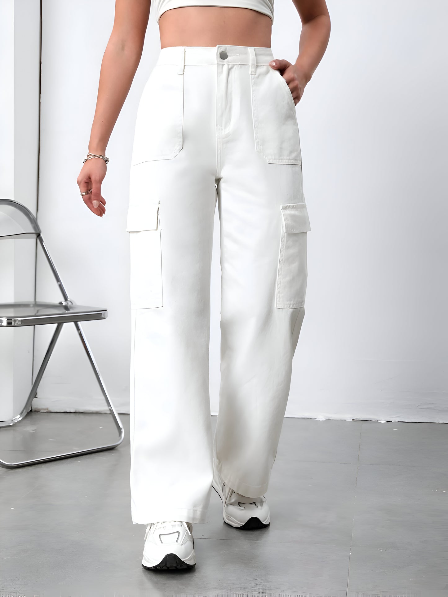 White Cargo Flap Pocket Jeans For Women