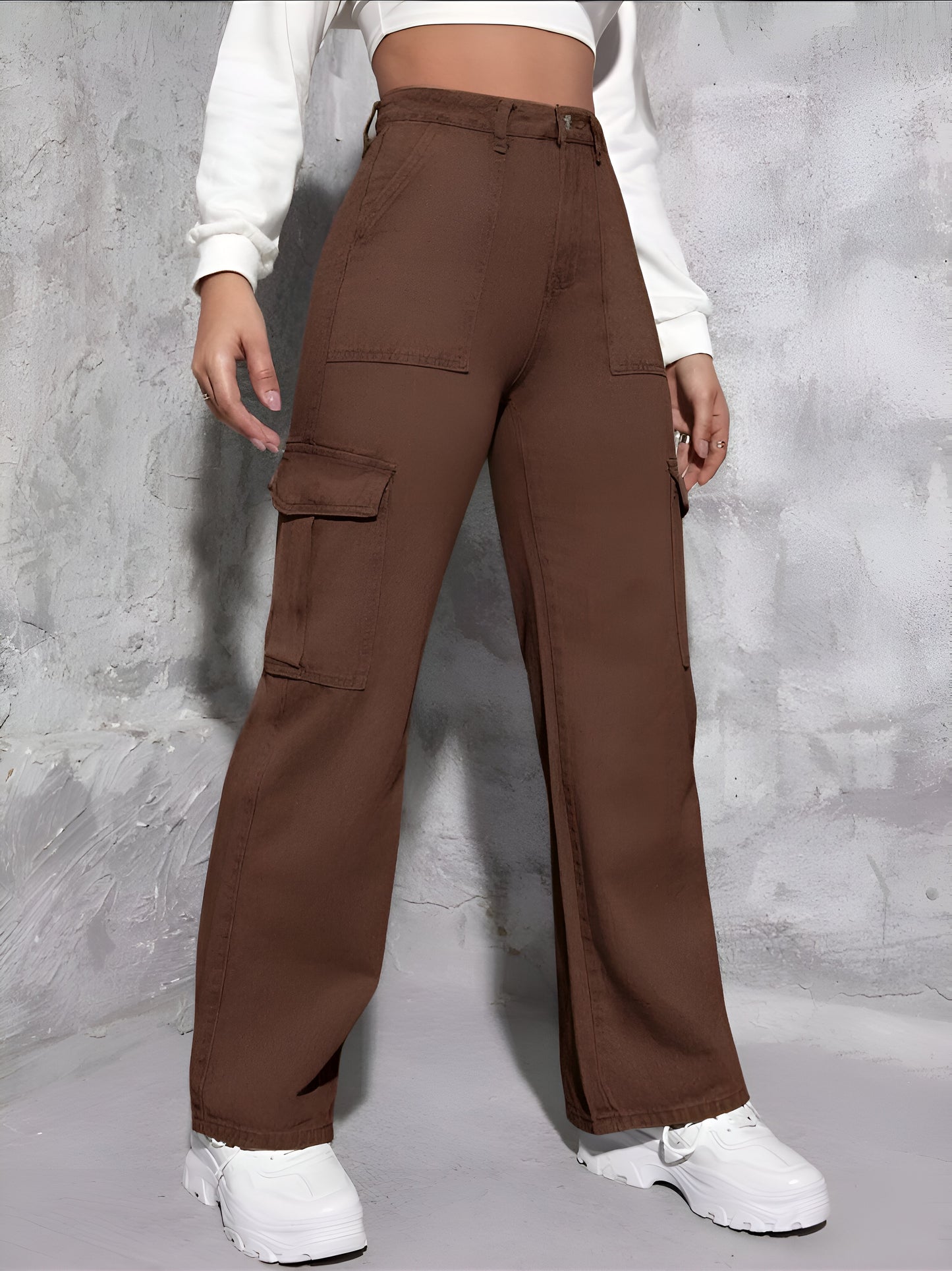 Brown Cargo Flap Pocket Jeans For Women