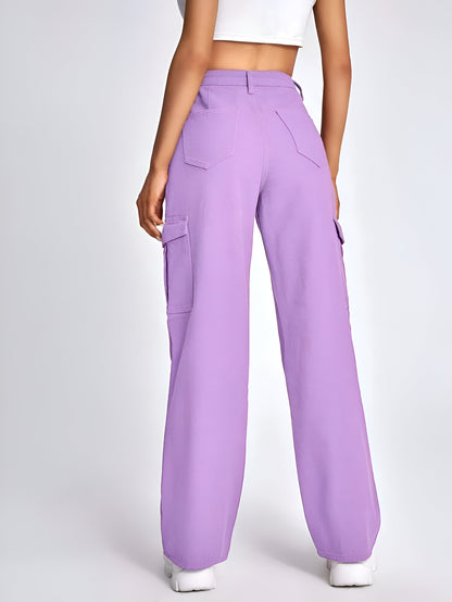 Purple Cargo Flap Pocket Jeans For Women