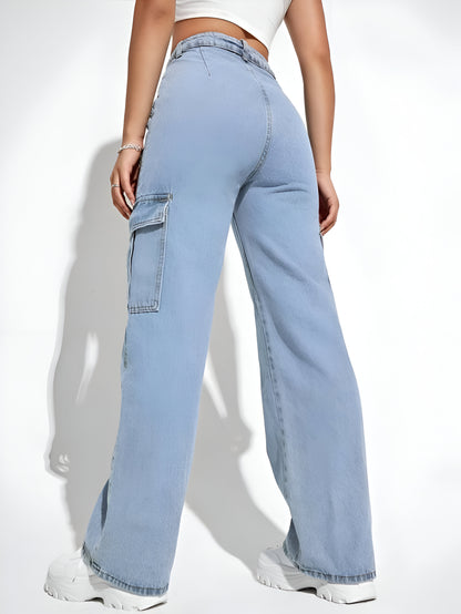 Ice Blue Cargo Flap Pocket Jeans For Women