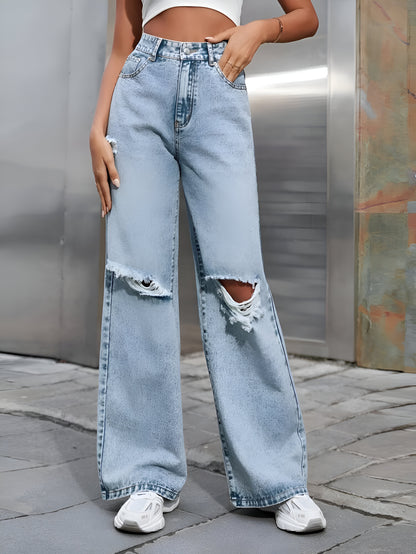 Ice Blue Denim Wide Leg Ripped Jeans For Women