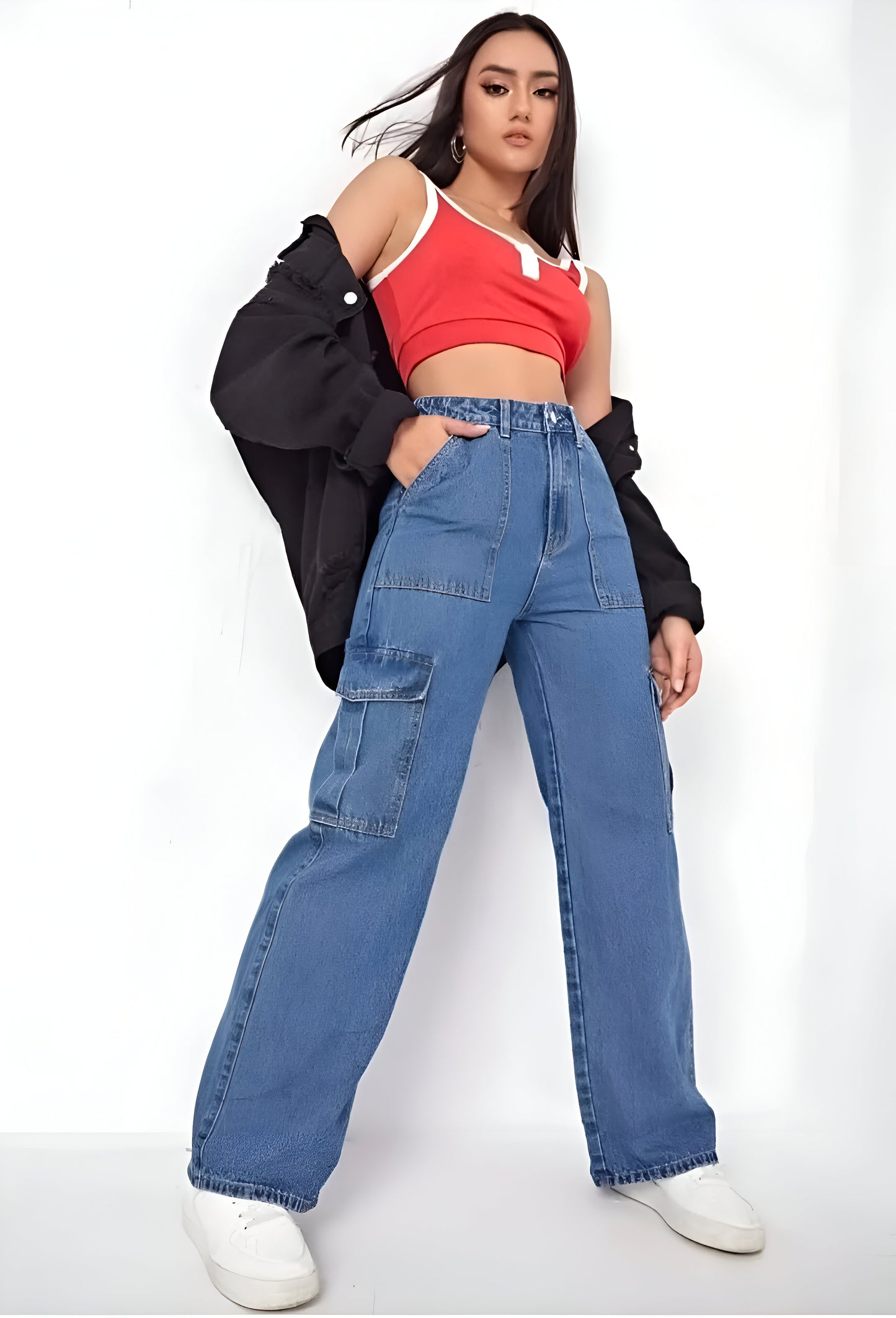 Blue Cargo Flap Pocket Jeans For Women