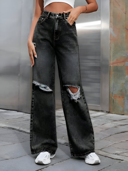 Grey Denim Wide Leg Ripped Jeans For Women