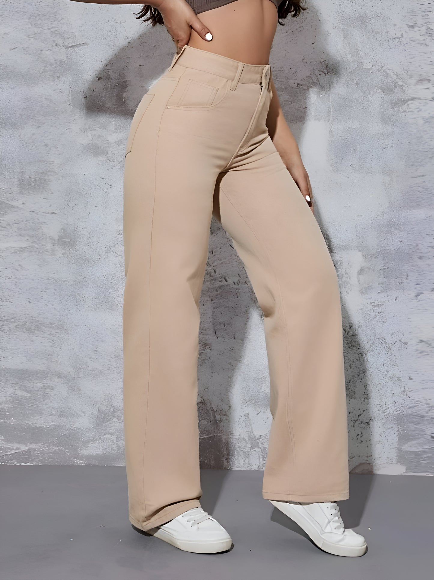 Cream Wide Leg Jeans Pant For Women