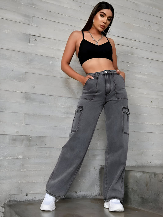 Charcoal Cargo Flap Pocket Jeans For Women