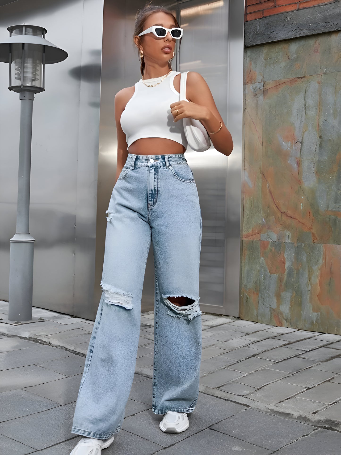 Ice Blue Denim Wide Leg Ripped Jeans For Women