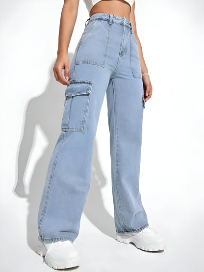 Ice Blue Cargo Flap Pocket Jeans For Women