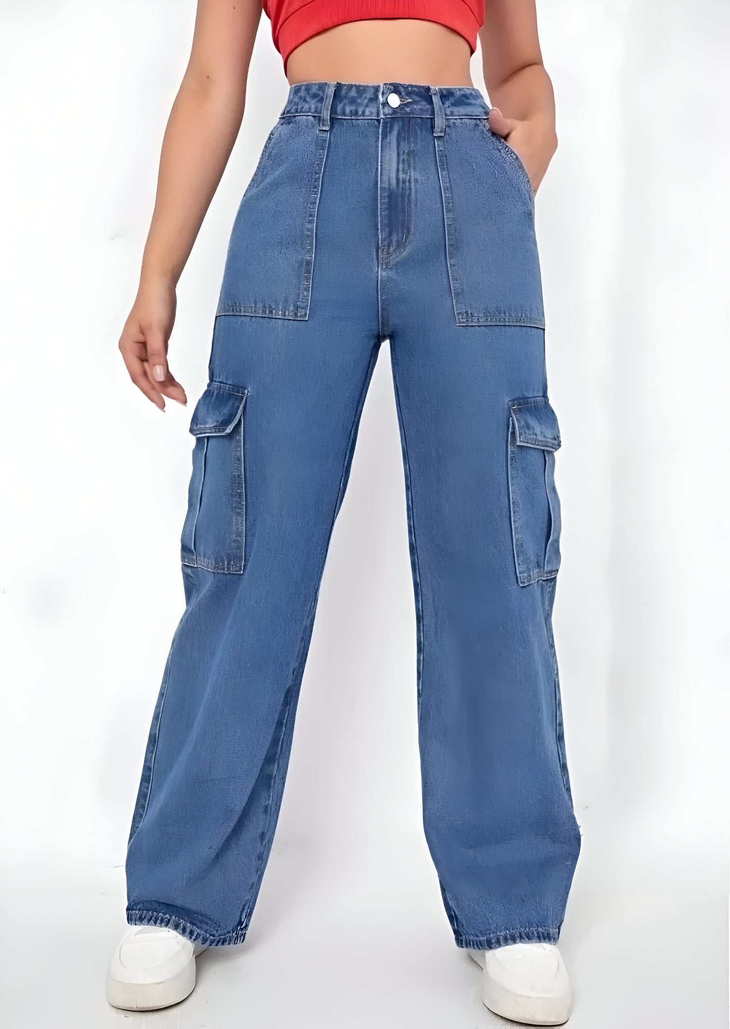 Blue Cargo Flap Pocket Jeans For Women