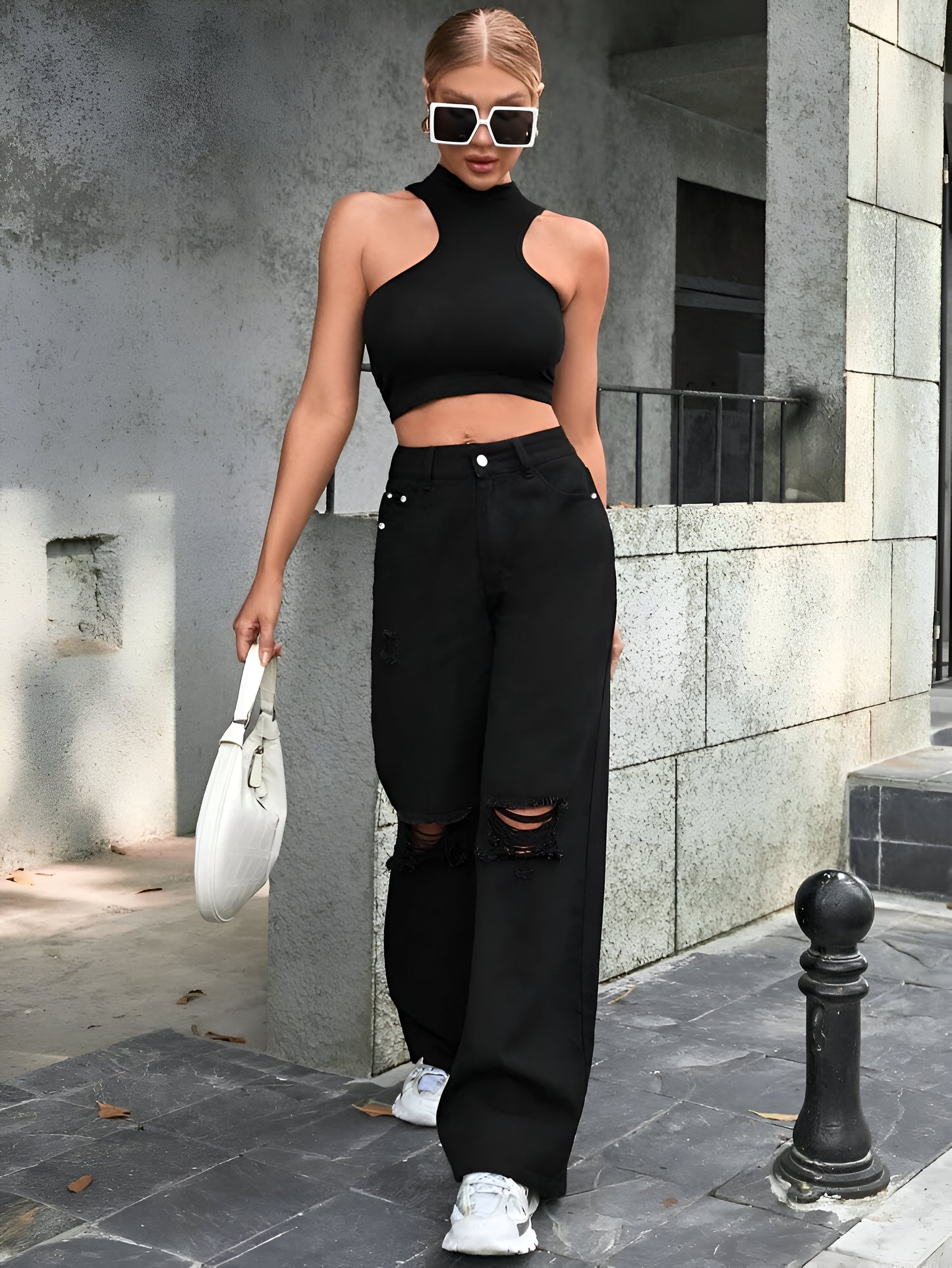 Black Denim Wide Leg Ripped Jeans For Women