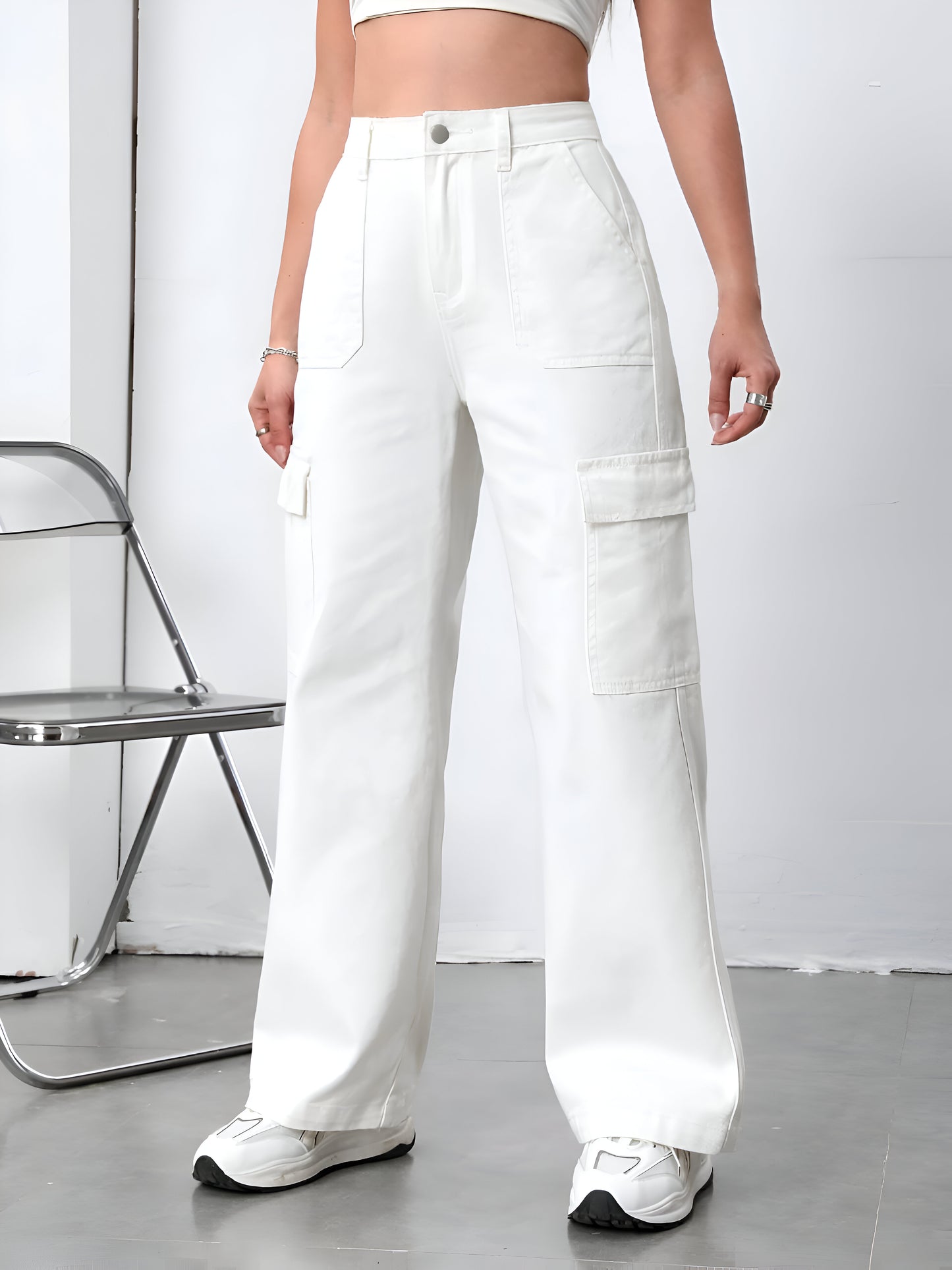 White Cargo Flap Pocket Jeans For Women