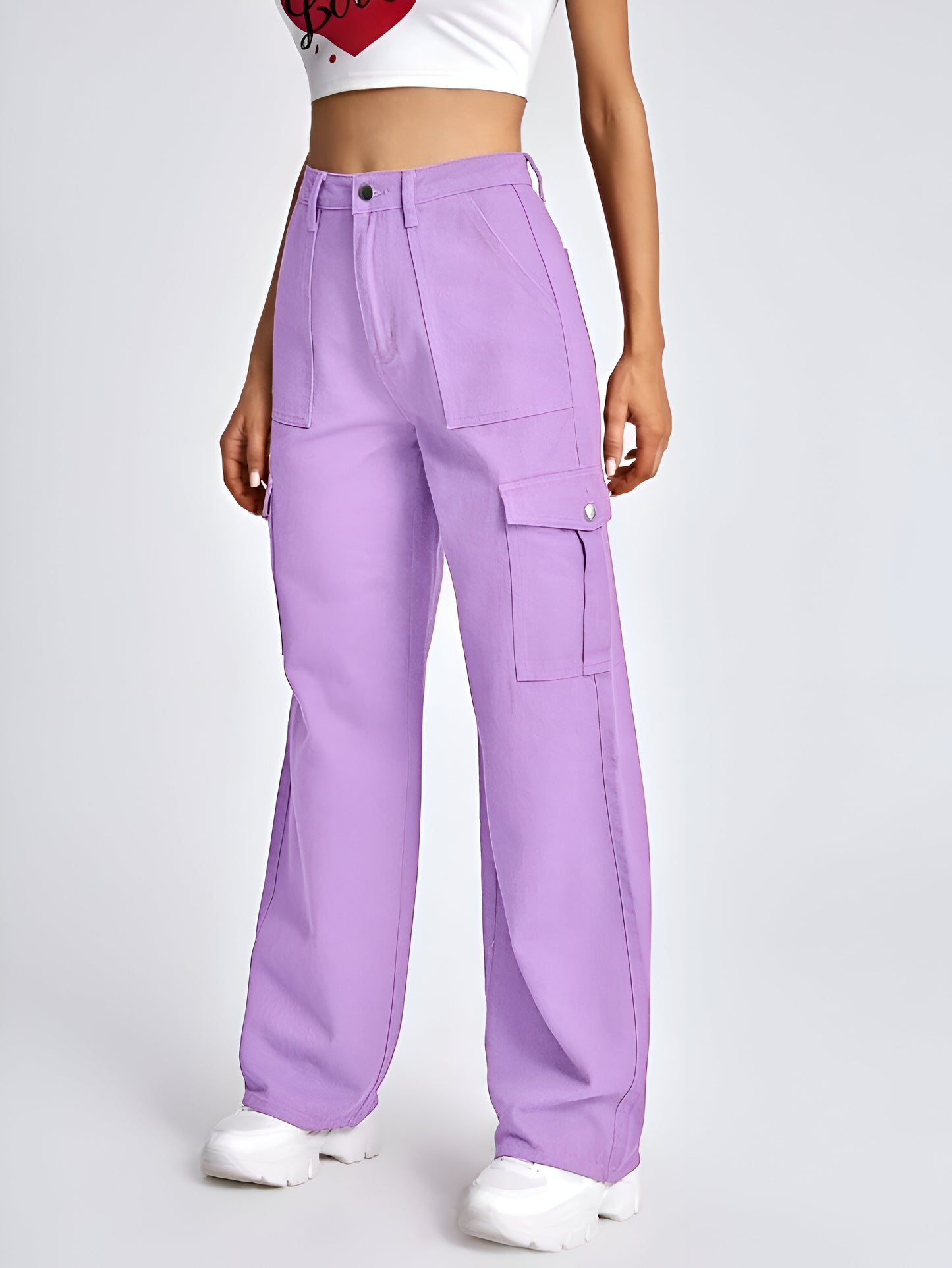 Purple Cargo Flap Pocket Jeans For Women