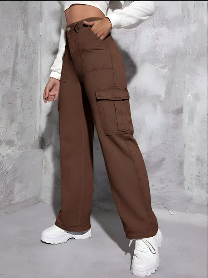 Brown Cargo Flap Pocket Jeans For Women